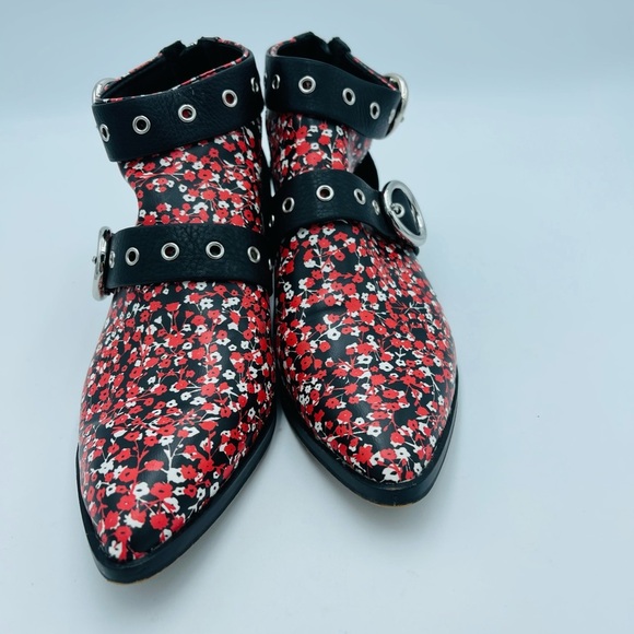 Rebecca Minkoff Kianna Cut Out Red Floral Double Buckle Ankle Boots - Picture 5 of 9